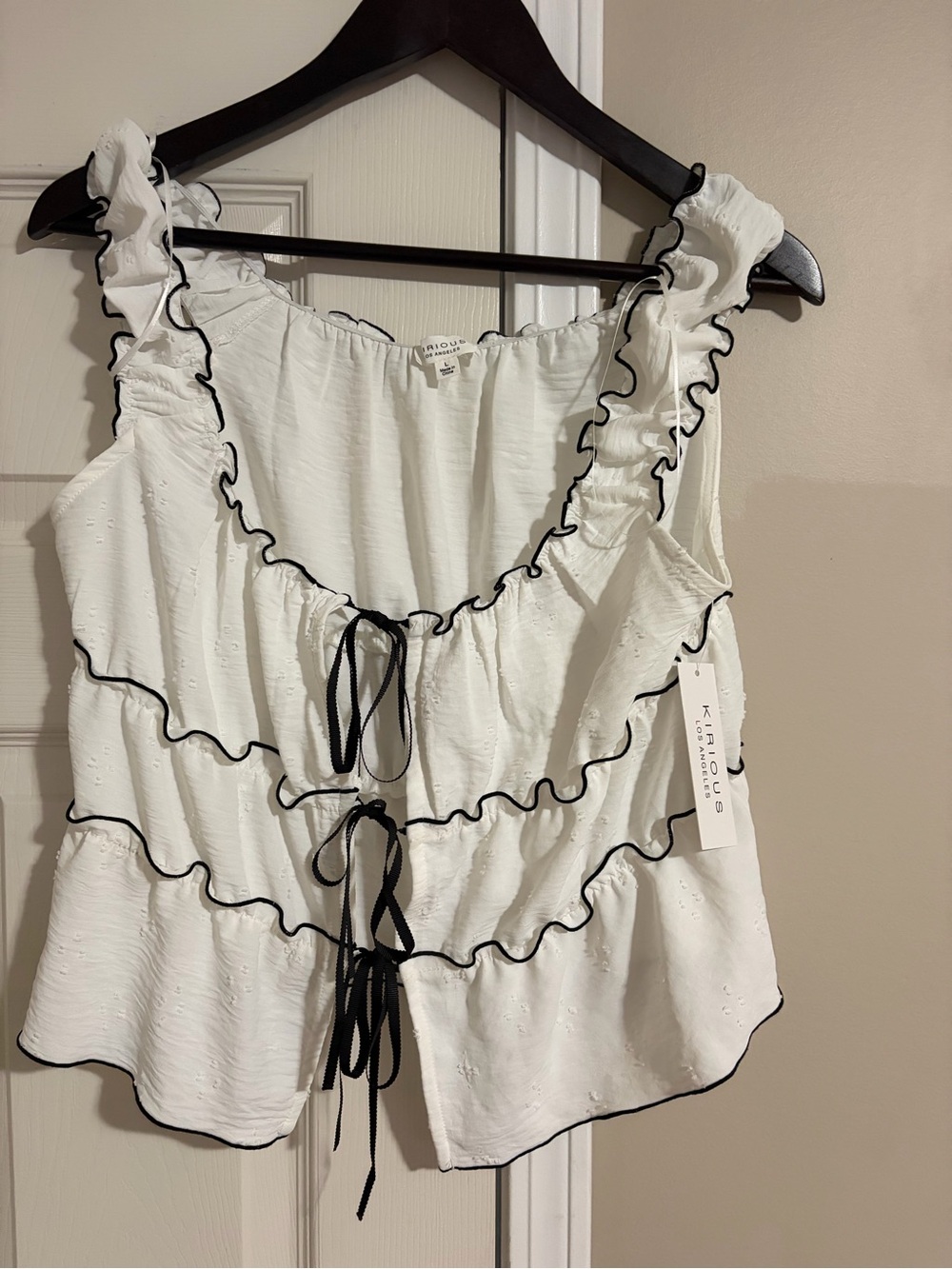 Kenar White Eyelet Ruffle Tie-Front Crop Top with Black Trim